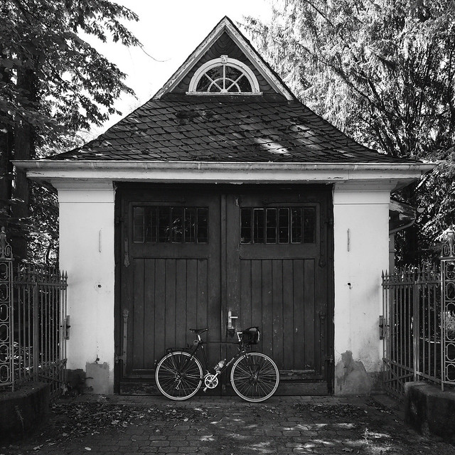 Bicycle in front of garage
