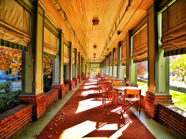 East Aurora New York  ~ Roycroft Inn ~  Historical Arts Crafts Building ~  Patio in the Autumn sunshine