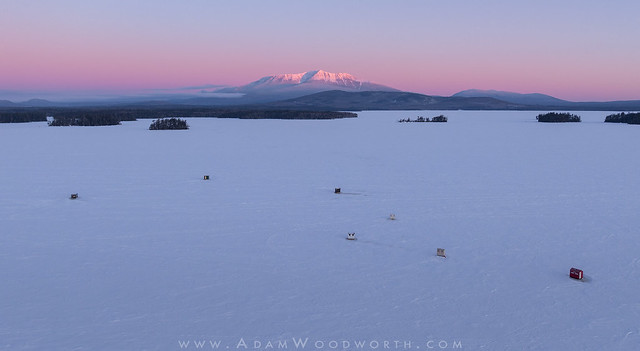 Mt. Katahdin and Ice Fishing Shacks at Sunrise