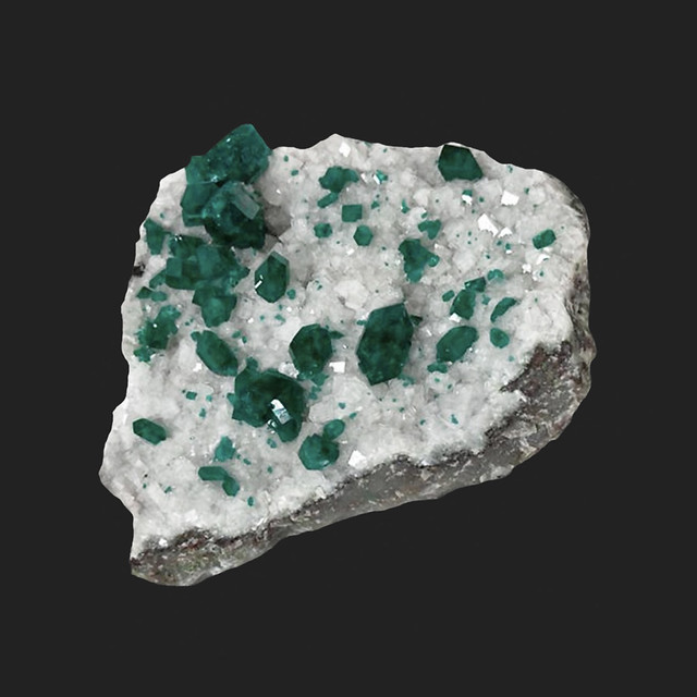 Dioptase crystals on drusy rhombohedral calcite crystals, Tsumeb, Namibia; 7 cm across
