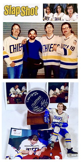 The Movie, “Slap Shot” premiered 2/5 in 1977.I met the Hanson Brothers from the movie in the western suburbs from Chicago where the Hanson Brothers signed a hockey puck for me.