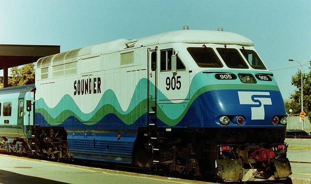 'Vive la difference' (a Sounder Commuter Rail F59PHI with future 'Renaissance' cars, Ottawa, Ontario, 2000)