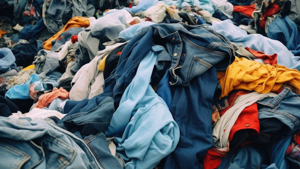 Piles of discarded fast fashion clothing