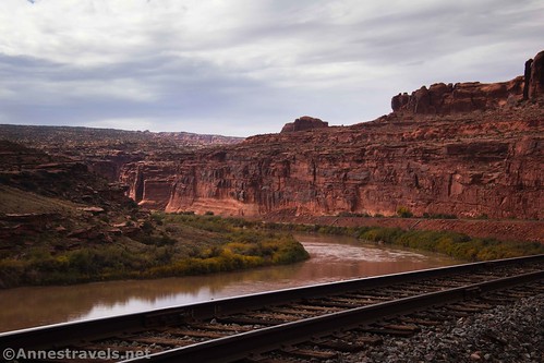 Views across the railroad tracks along the Gold Bar Arch Jeep Arch Trail, Moab, Utah