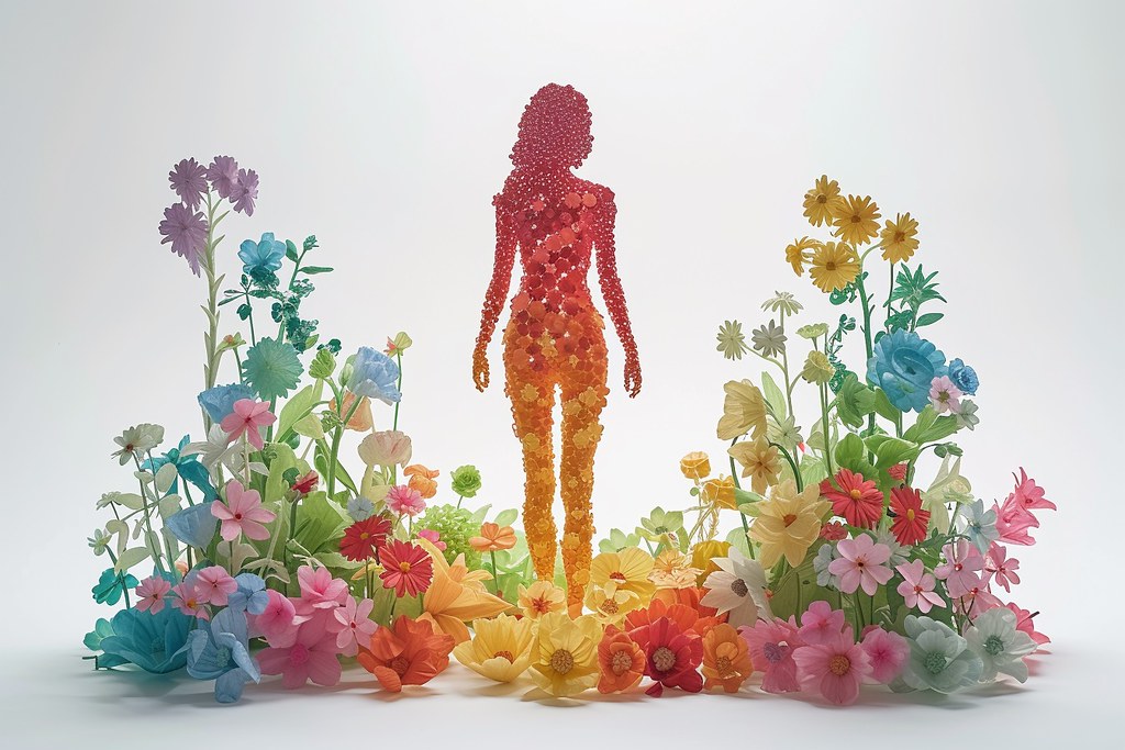 Frauensilhouette mit bunten Blumen