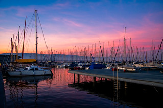Wonderful sunset on Leman lake from a port near Geneva