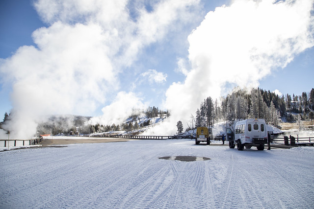 Parking lot conditions at Mud Volcano during winter in January 2024