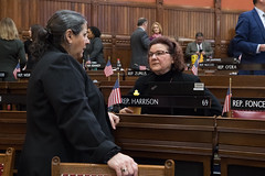 State Reps. Cindy Harrison and Donna Veach talk on the opening day of the 2024 legislative session.