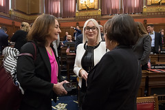 State Rep. Tracy Marra talks with Rep. Carol Hall and a guest during the opening day of the 2024 legislative session.