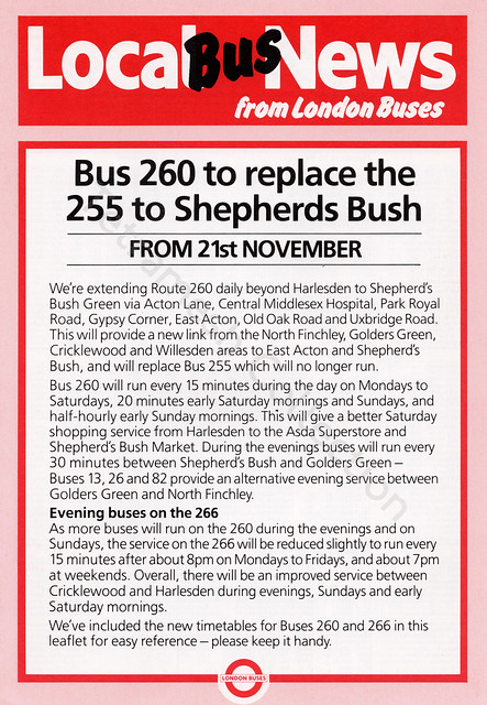 Bus 260 to replace the 255 to Shepherds Bush