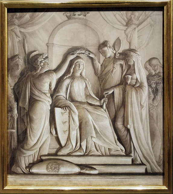 pintura Monarquía coronada por las Virtudes grisalla al temple sobre sarga 1816 de José Aparicio e Inglada Museo Galería de las Colecciones Reales Patrimonio Nacional Madrid