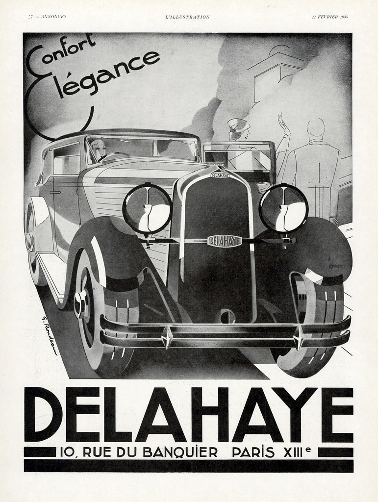 Ad from the French auto manufacturer Delahaye in “L’Illustration,” February 11, 1933.  Art by G. Rondeau.