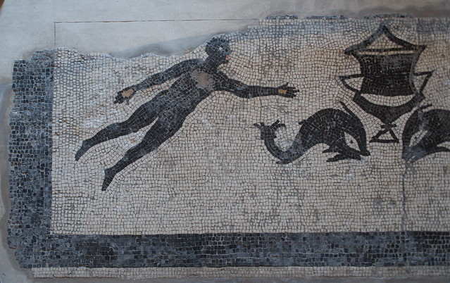 Roman mosaic with two swimmers flanking a kantharos and dolphins, 2