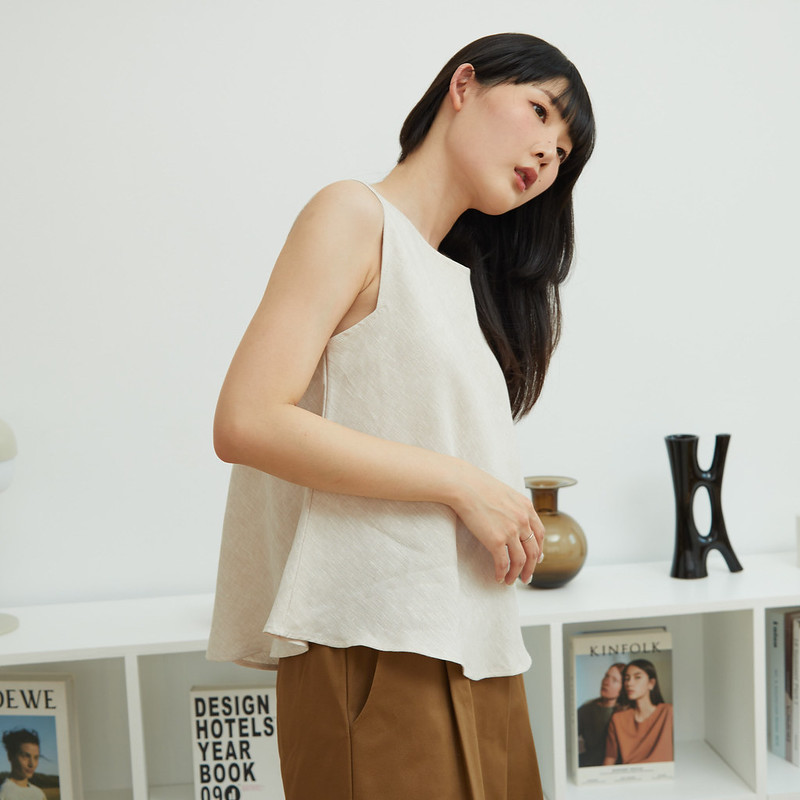Linen Women's Tops Khaki - Square Sleeveless Linen Blouse - Natural