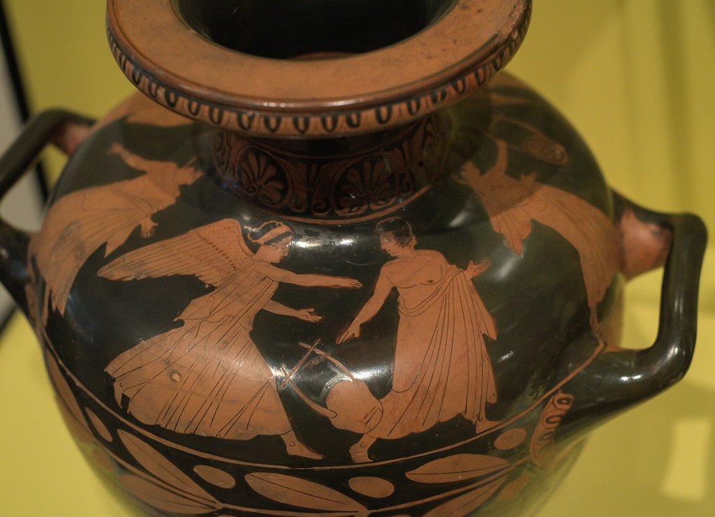 Athenian Red Figure hydria/kalpis with frieze representing Eos pursuing Tithonos, 2