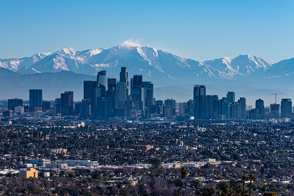 Downtown Los Angeles with Snowy Mountain View