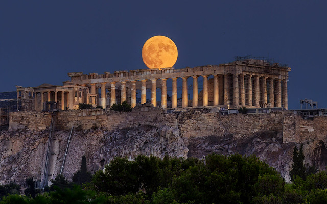 Almost full Sturgeon Moon rising over the Parthenon