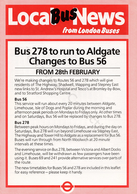 Bus 278 to run to Aldgate Changes to Bus 56