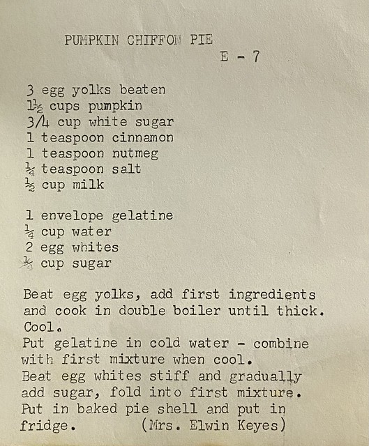 Grandma's Cookbook: Under 'Pies and Tarts' we find 'Pumpkin Chiffon Pie'