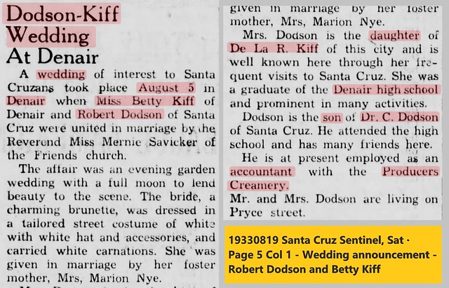 19330819 Santa Cruz Sentinel, Sat · Page 5 Col 1 - Wedding announcement - Robert Dodson and Betty Kiff