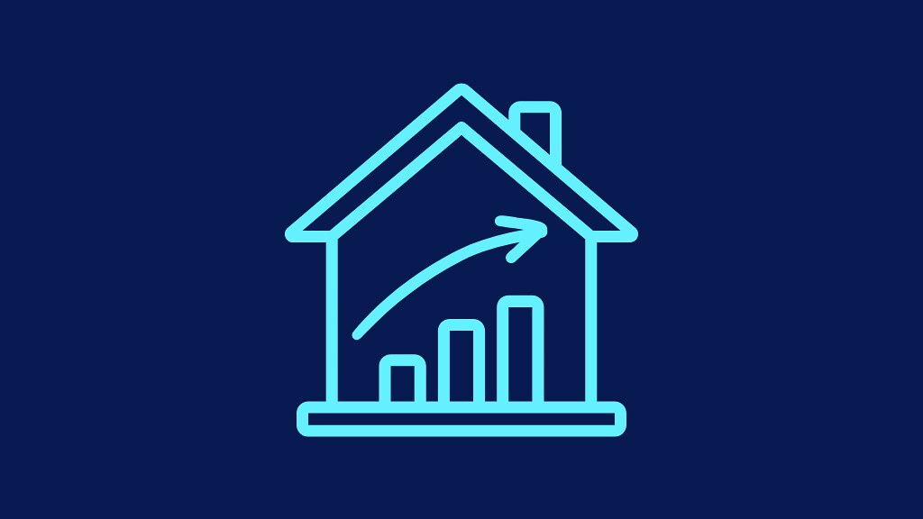 A graphic of a house on a blue background. Inside the house there is a bar chart which is going up.