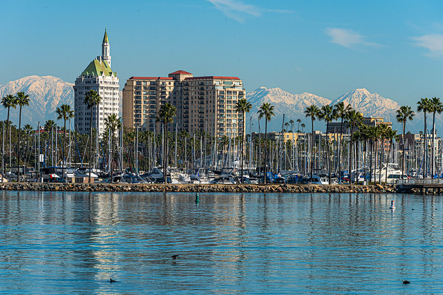 Downtown Long Beach with Snowy Mountain Views