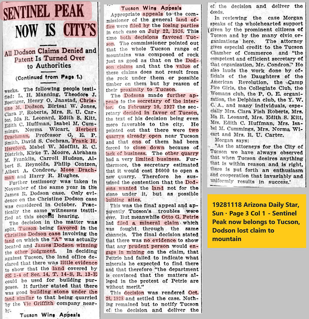 19281118 Arizona Daily Star, Sun · Page 3 Col 1 - Sentinel Peak now belongs to Tucson, Dodson lost claim to mountain 2