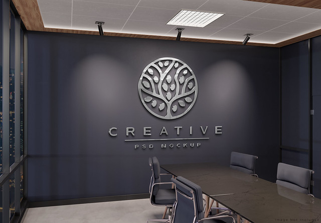 Logo on office wall with 3D metal effect Mockup