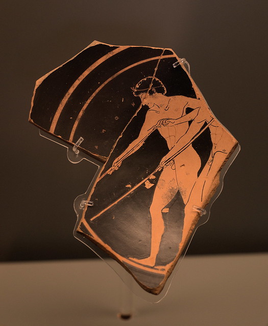 Fragment of an Athenian Red Figure kylix (cup) representing two athletes with javelins (Vatican 34952)