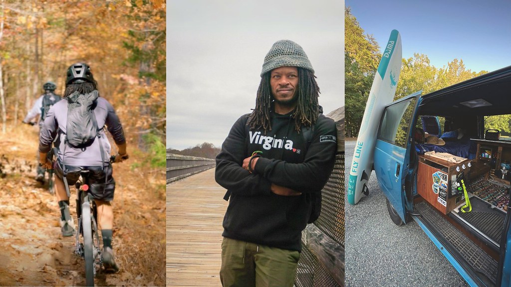 A collage of three pictures showing 1) a Black man on a mountain biking going through a trail full of fall foliage, 2) a Black man facing the camera on a long bridge wearing a black sweater that says Virginia, and 3) a camper van open showing the set up and a paddle board leaning against the van.