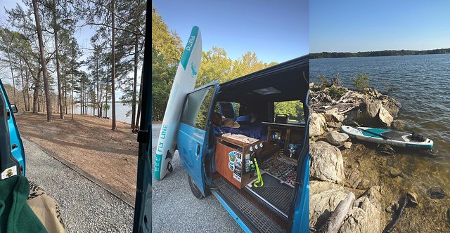 A collage of three photos, first looks outside from camper van toward pine trees at the edge of a lake, middle photo shows inside of camper van with a paddle board leaning against it, and photo on the right shows paddle board in the water of the lake at rocky outcrop.