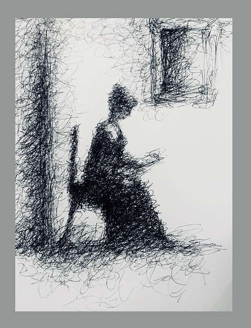 Ballpoint pen only Scribble sketch. “Woman Reading.” By jmsw on scrap card.