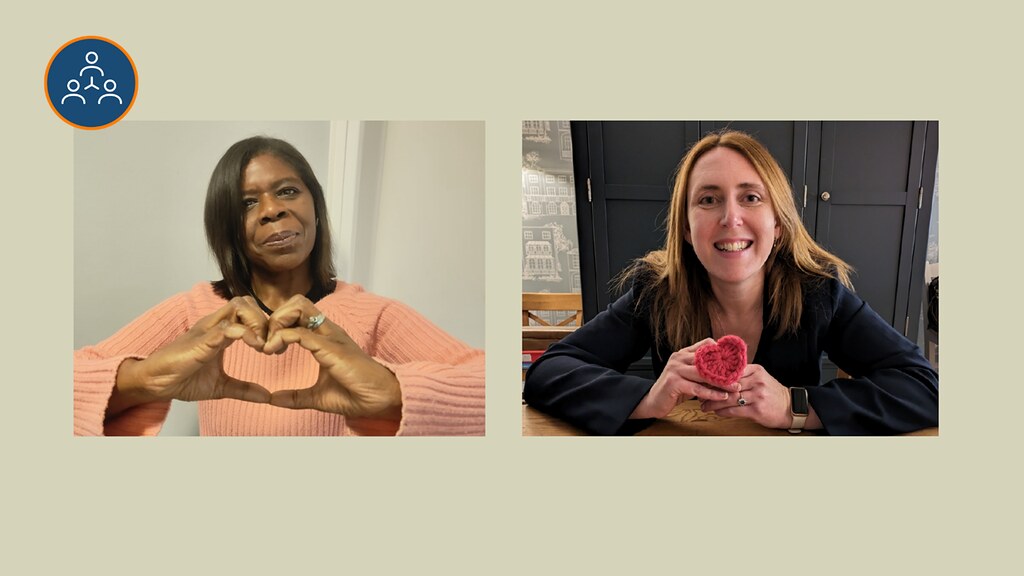 Two images of keynote speakers making a heart with their hands in response to International Women's Day striking a pose campaign