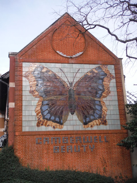 Camberwell Beauty, on side of Passmore Edwards Public Baths, Wash House and Library building SWC Short Walk 59 - Burgess Park (Elephant &amp; Castle)