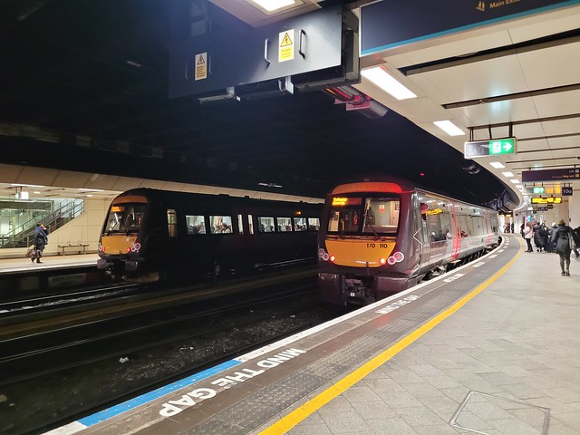 2 CrossCountry Class 170s waiting to depart at Platforms 9 and 10 in Birmingham New Street Railway Station