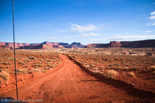 Driving toward Rock Canyon on the Waterhole Flat Road, Glen Canyon National Recreation Area en route to the Maze District of Canyonlands National Park, Utah
