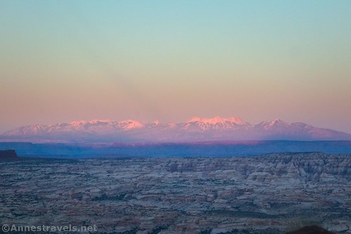 Sunset over the La Sal Mountains from the Black Rim along the Waterhole Flat Road, Glen Canyon National Recreation Area en route to the Maze District of Canyonlands National Park, Utah