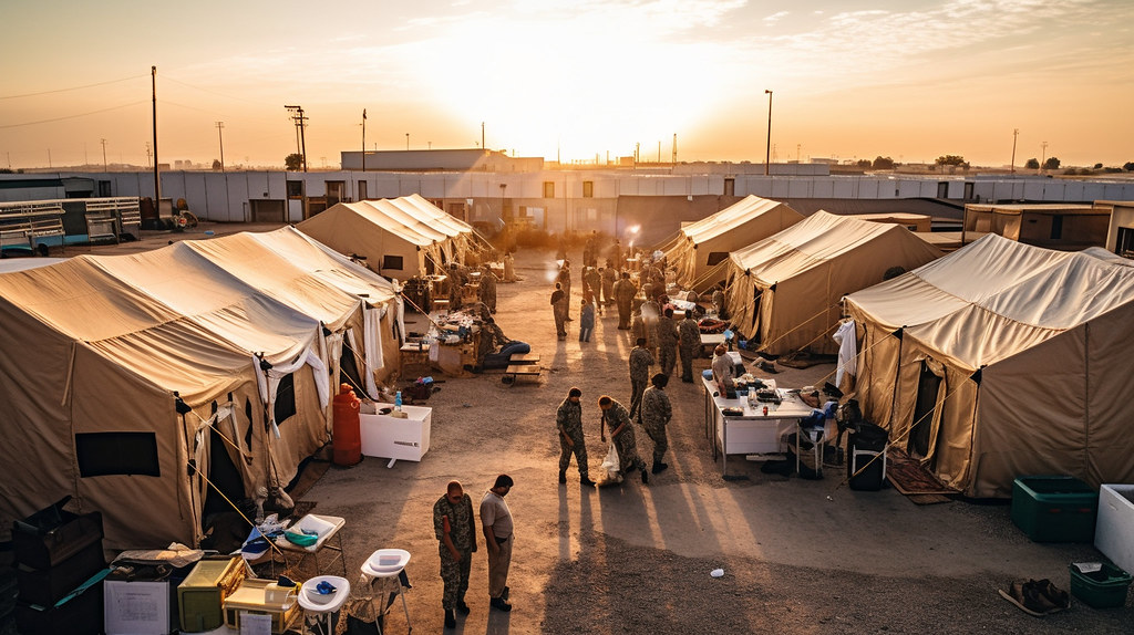 A military field hospital with tents and medical personnel, ready to provide comprehensive medical support in challenging environments Generative AI