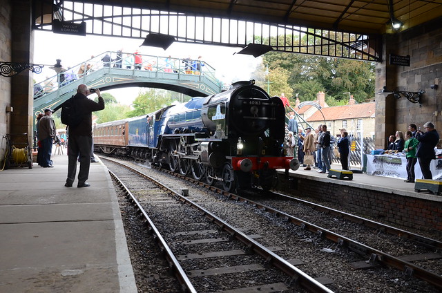 Peppercorn Class A1 4-6-2 60163 TORNADO arriving at Pickering on 5th October 2013. The ornate screen at the end of the station roof frames the picture perfectly.
