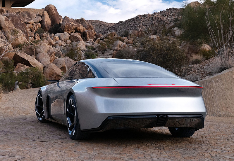 The rear of the Chrysler Halcyon concept also carries its own unique silhouette, with a water line that emphasizes the width and shoulders of the car, and the front’s cross-car read and LED-lit Chrysler Wing logo are mirrored in the rear.