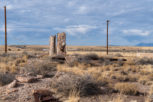 Two Guns, Arizona - December 18, 2023:  Decaying ruins of Harry Miller’s mountain lions exhibit and zoo, along Route 66, now Interstate 40