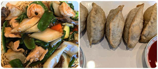 From left to right: Cantonese Chow Mein and Gyozas, Bo Chin Restaurant, 1500 Upper Middle Road, Burlington, ON