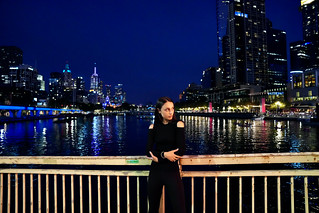 Model and skyline at Blue Hour