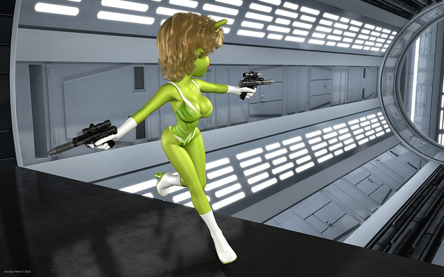 Marilyn spacegirl in action with DH17 blasters