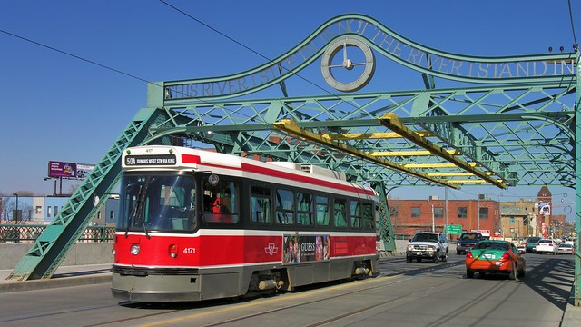 TTC 504 streetcar exiting Queen Street Viaduct, Riverdale, Toronto..
