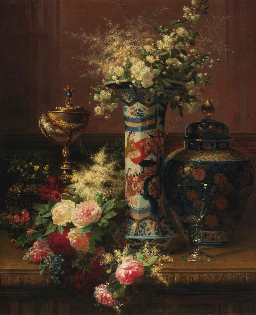 Jean-Baptiste Robie «Roses, Peonies and Forget-me-nots in a Japanese Vase», 1870
