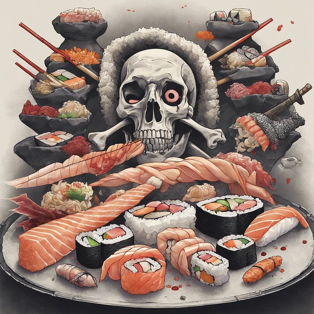 Apocalyptic Sushi: A Fusion of Death, Bones, and Fish in AI Artistry