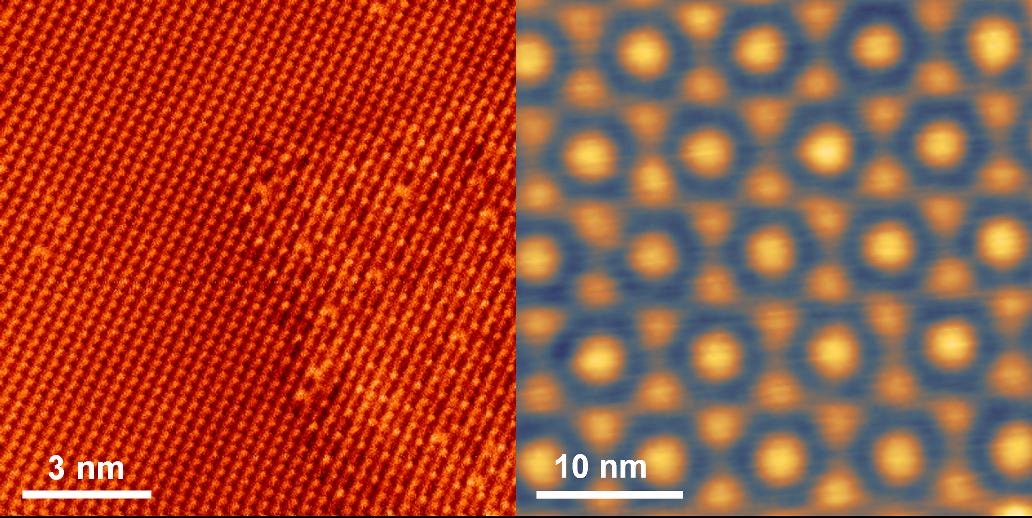 A split-screen image showing surfaces through AFM and STM imaging.