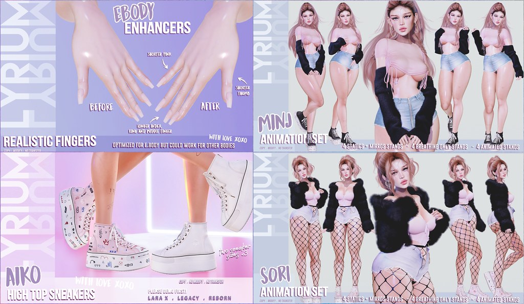 Lyrium – Ebody Lenght Realistic Fingers, Aiko High Top Sneakers, Minj & Sori Animation Sets  @ ｅｑｕａｌ１０
