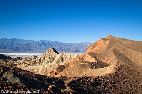 Views of Manly Beacon, Badwater, and the Panamint Mountains from the Red Cathedral Canyon Crest, Death Valley National Park, California